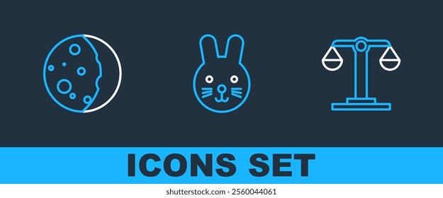 Set line Libra zodiac, Eclipse of the sun and Rabbit icon. Vector