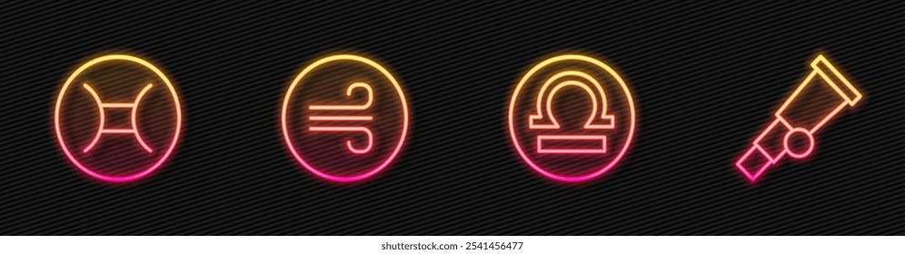 Set line Libra zodiac, Gemini, Windy weather and Telescope. Glowing neon icon. Vector