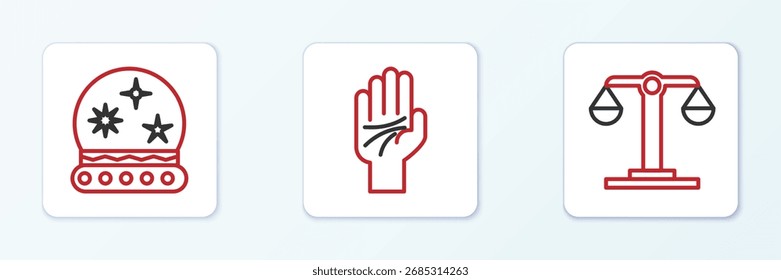 Set Linie Waage Tierkreis, Zauberball und Palmistry der Hand-Symbol. Vektorgrafik