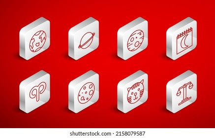 Set line Libra zodiac, Planet Saturn, Mars, Moon phases calendar, Tiger, Earth,  and Aries icon. Vector