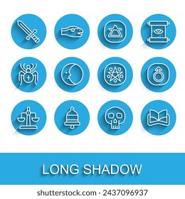 Set line Libra zodiac, Ringing alarm bell, Medieval sword, Skull, Ancient magic book, Moon, Mars and Pentagram circle icon. Vector