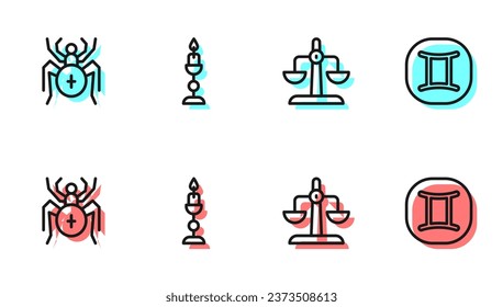 Set line Libra zodiac, Spider, Burning candle and Gemini icon. Vector