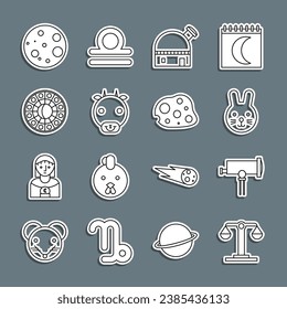 Set line Libra zodiac, Telescope, Rabbit, Astronomical observatory, Ox, Astrology horoscope circle, Moon and Asteroid icon. Vector
