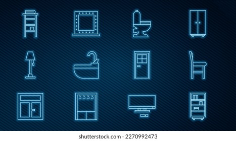 Set line Library bookshelf, Chair, Toilet bowl, Washbasin with water tap, Floor lamp, Bathroom rack shelves for towels, Closed door and Makeup mirror lights icon. Vector