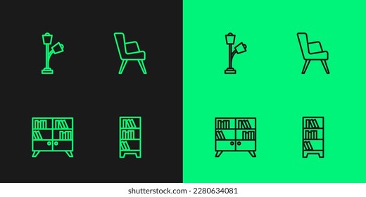 Set line Library bookshelf, Floor lamp and Armchair icon. Vector