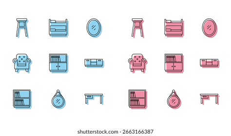 Definir linha Biblioteca estante, Espelho, Cadeira, Escritório, Mobília cabeceira, Poltrona e Bunk bed ícone. Vetor