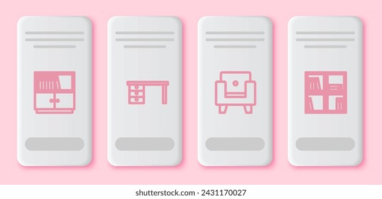 Set line Library bookshelf, Office desk, Armchair and Shelf with. White rectangle button. Vector