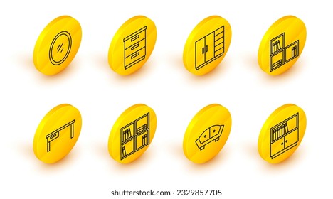 Fijar línea Biblioteca estantería, Sofá, Estante con, escritorio, armario, puesto de noche de mobiliario e icono de espejo. Vector