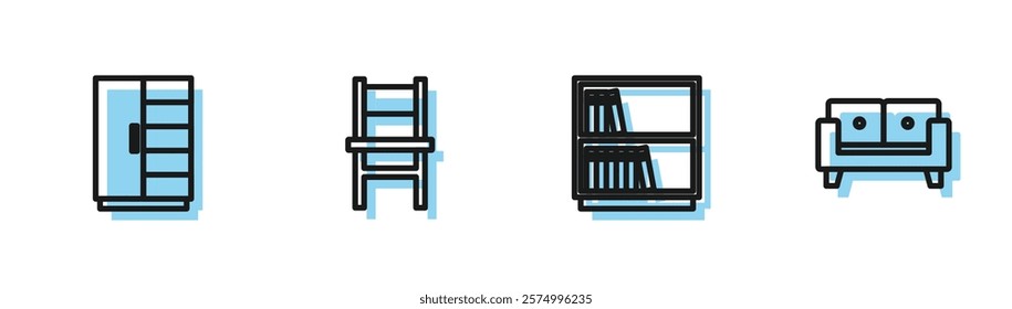 Set line Library bookshelf, Wardrobe, Chair and Sofa icon. Vector