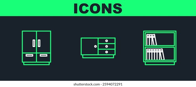 Set line Library bookshelf, Wardrobe and Chest of drawers icon. Vector