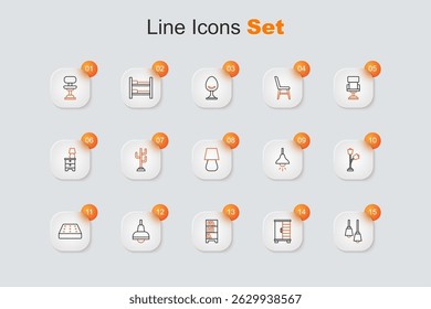 Set line Library bookshelf, Wardrobe, Lamp hanging, Mattress, Floor lamp,  and Table icon. Vector