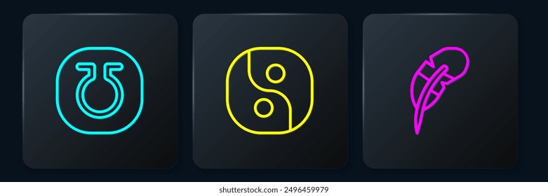 Set line Life, Feather pen and Yin Yang. Black square button. Vector