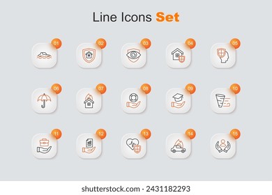 Set line Life insurance, Burning car, with shield, Contract hand, Hand holding briefcase, Tornado, Education grant and Lifebuoy icon. Vector