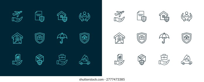 Set line Life insurance, Delivery security with shield, Umbrella, Hand holding briefcase, Briefcase, House, Plane hand and Contract icon. Vector