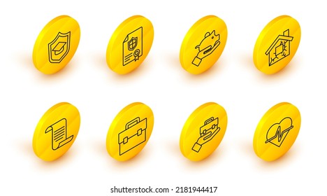 Set line Life insurance, Hand holding briefcase, Briefcase, Document with shield, House, Piggy bank hand, Contract and Graduation cap icon. Vector