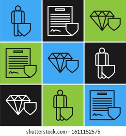 Set line Life insurance with shield, Diamond with shield and Contract with shield icon. Vector