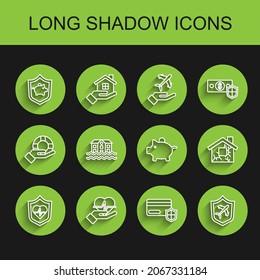 Set line Life insurance with shield, hand, Piggy bank, Credit card, Plane, House flood,  and  icon. Vector