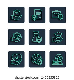 Set line Life insurance, Shield with world globe, Car damaged by fallen tree, Briefcase shield, Money bag, Travel suitcase hand, Hand holding briefcase and Education grant icon. Vector