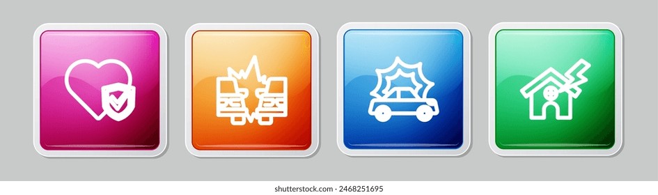 Set line Life insurance with shield, Car accident,  and House and lightning. Colorful square button. Vector