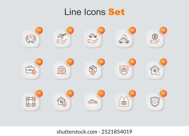 Set line Life insurance with shield, jacket, Flood car, House, Lifebuoy, flood, Briefcase and Delivery security icon. Vector