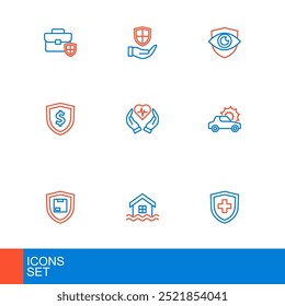 Fije la línea de seguro de vida con el escudo, inundación de la casa, seguridad de la entrega, coche, dólar del escudo, e icono del ojo y de la mano. Vector