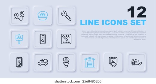 Set line Life insurance with shield, Taxi car, mobile app, Garage for taxi, Road sign stand, Taximeter device, driver cap and  icon. Vector