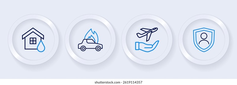 Set line Life insurance with shield, Plane hand, Burning car and House flood icon. Vector