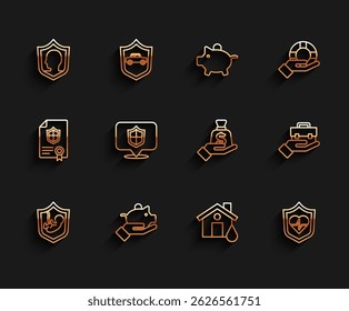 Set line Life insurance with shield, Piggy bank hand, House flood, Location, Hand holding briefcase and Money icon. Vector