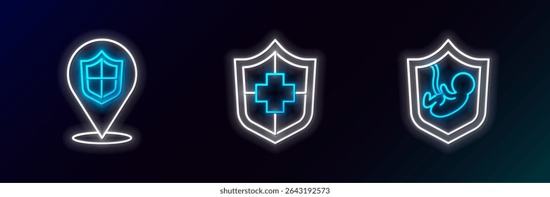 Fije el seguro de vida de la línea con el escudo, la Locación y el icono. Brillante neón. Vector