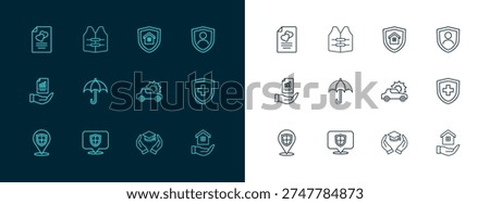 Set line Life insurance with shield, Location, Car, Education grant, Umbrella, House, Marriage contract and jacket icon. Vector