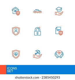 Set line Life insurance, Umbrella hand, with shield, Contract, Broken or cracked lock, Education grant and Flood car icon. Vector