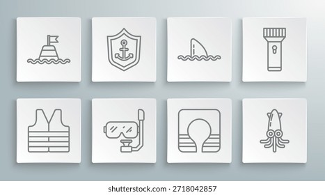 Set line Jaqueta de Vida, Anchor dentro do escudo, Máscara de mergulho e snorkel, Polvo, Tubarão fin onda do oceano, Lanterna e boia flutuante no ícone do mar. Vetor