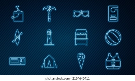 Set line Life jacket, Beach ball, Glasses, Lighthouse, Kayak or canoe and paddle, Sand in bucket with shovel, Street stall awning and Tropical palm icon. Vector