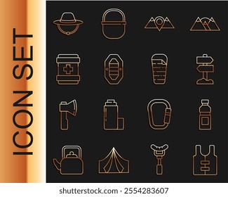 Set line Life jacket, Bottle of water, Road traffic signpost, Location mountains, Rafting boat, First aid kit, Camping hat and Sleeping bag icon. Vector