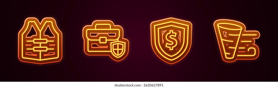 Set line Life jacket, Briefcase with shield, Shield dollar and Tornado. Glowing neon icon. Vector