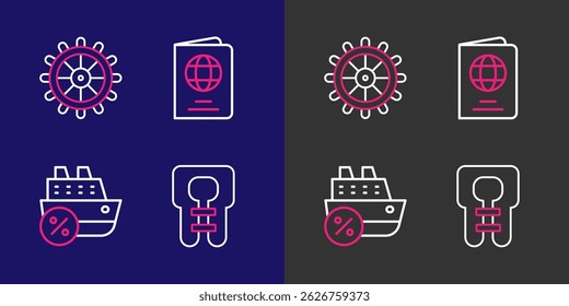 Set line Life jacket, Cruise ship, Passport and Ship steering wheel icon. Vector