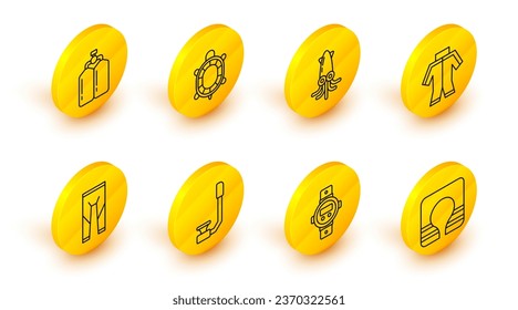Set line Life jacket, Diving watch, Snorkel, Wetsuit, Octopus, Turtle and Aqualung icon. Vector