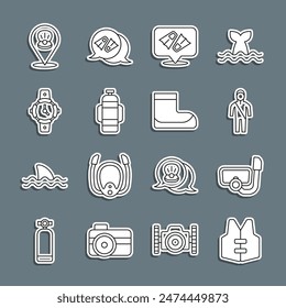 Set line Life jacket, Diving mask with snorkel, Wetsuit for scuba diving, Flippers swimming, Aqualung, watch, Scallop sea shell and Boots icon. Vector