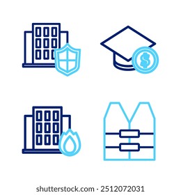 Set line Life jacket, Fire in burning house, Graduation cap and coin and House with shield icon. Vector