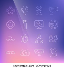Set line Life jacket, Flippers for swimming, Photo camera diver, Scallop sea shell, Aqualung, Lifebuoy,  and  icon. Vector