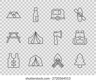 Chaleco salvavidas, bosque, remolque de camping Rv, tienda de turismo, montañas, fogata e icono de mochila de senderismo. Vector