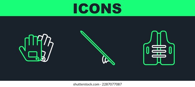 Set line Life jacket, Gloves and Surfboard icon. Vector