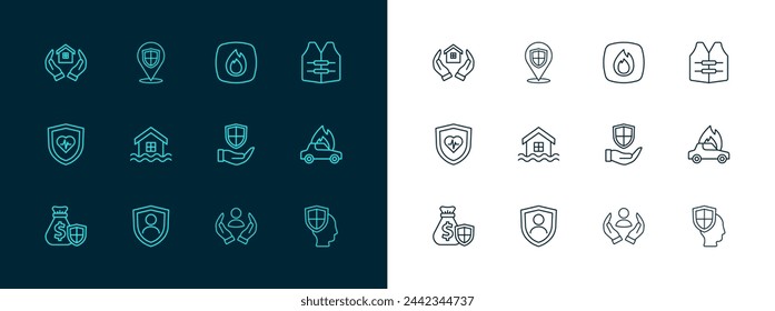 Set line Rettungsweste, Versicherung mit Schild, Schildhand, Hausflut, Feuer Flamme und Standort-Symbol. Vektor