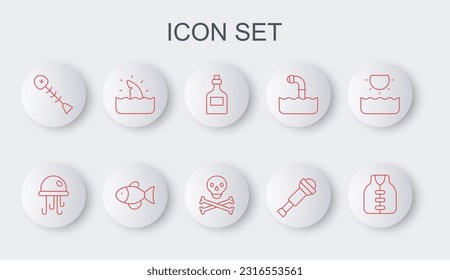 Set line Life jacket, Jellyfish, Rum bottle, Spyglass telescope lens, Dead, Shark fin in ocean wave, Fish and Skull on crossbones icon. Vector