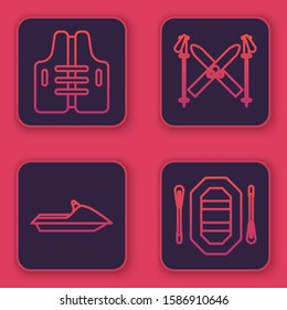 Set line Life jacket, Jet ski, Ski and sticks and Rafting boat. Blue square button. Vector