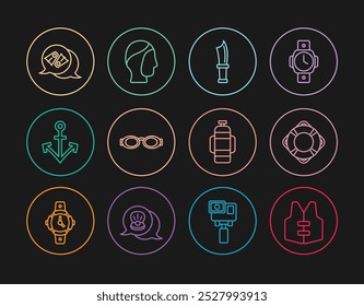 Set line Life jacket, Lifebuoy, Diving knife, Glasses for swimming, Anchor, Flippers, Aqualung and hood icon. Vector