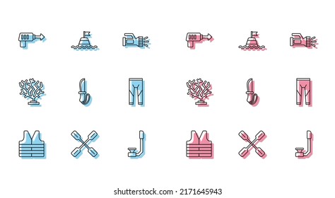 Set line Life jacket, Paddle, Fishing harpoon, Snorkel, Knife, Wetsuit, Coral and Floating buoy the sea icon. Vector