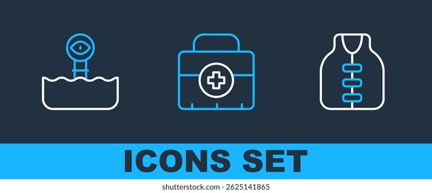 Set line Life jacket, Periscope and First aid kit icon. Vector