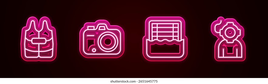 Set line Life jacket, Photo camera, Water polo and Aqualung. Glowing neon icon. Vector