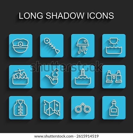 Set line Life jacket, Pirate treasure map, Captain hat, Binoculars, Rum bottle, Smoking pipe,  and Floating buoy icon. Vector